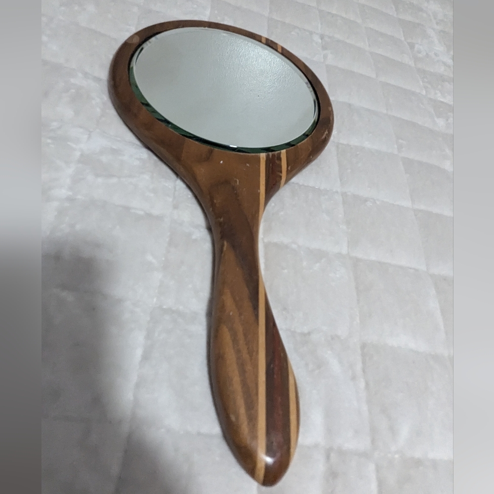 Antique Beveled Wooden Inlayed Hand Held Mirror Art Deco Handmade